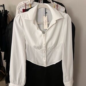 Commense White Cropped Button-Front Blouse with Collar